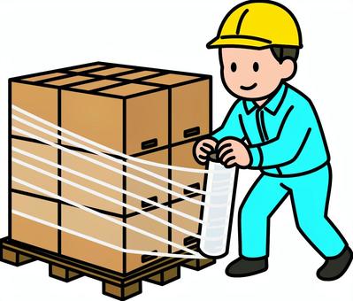 荷物をラップで巻く青の作業員です。 倉庫作業,物流,シンプル,マテリアルハンドリング,マテハン,パレット積み,ラップ,巻く,荷物,固定のイラスト素材