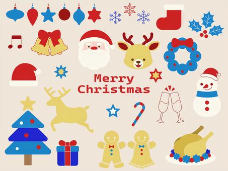 クリスマスセット/赤青金 サンタ,ツリー,クリスマス,セット,冬,クリスマスリース,クリスマスツリー,サンタクロース,トナカイ,赤と青のイラスト素材