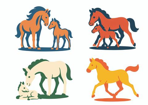 親子の馬の年賀状素材ダブルトーンセット セット,複数,馬,ウマ,かわいい,可愛い,動物,干支,家族,ダブルトーンのイラスト素材