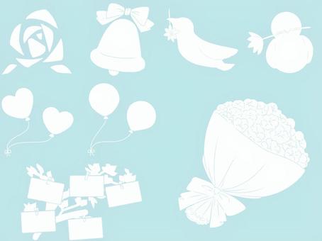 ウェディング３－２ 主線なし,シルエット,白色,ウェディング,薔薇,鐘,ベル,鳥,花束,風船のイラスト素材