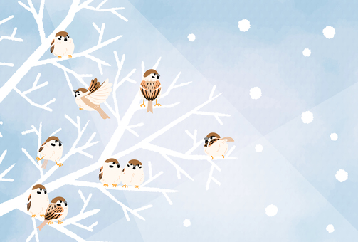 かわいい冬のお便りイラスト-スズメ- 寒中お見舞い,挨拶状,ポストカード,ハガキ,冬,季節,スズメ,小鳥,枝,木のイラスト素材