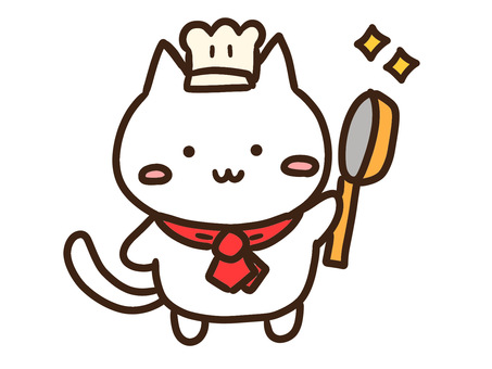 フライパンを持って料理するコック白ねこ コック,料理,シェフ,ねこ,コックさん,料理人,フライパン,家事,クッキング,料理教室のイラスト素材