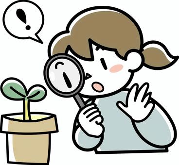 Upper body of a girl observing plants with a magnifying glass, , JPG, PNG and AI