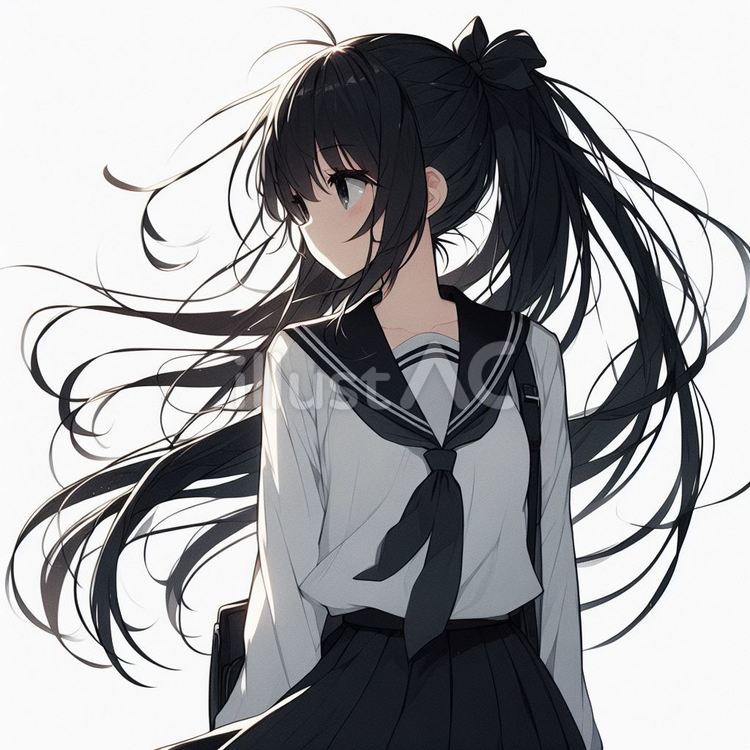遠くを見ている学生 女性,制服,黒髪のイラスト素材