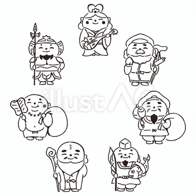 モノクロの可愛い七福神セット（塗り絵可） 七福神,かわいい,シンプルのイラスト素材