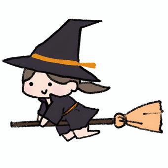 ほうきで飛ぶ魔女 箒,魔女,シンプル,かわいい,飛ぶ,ハロウィン,秋,茶髪,オレンジ,笑顔のイラスト素材