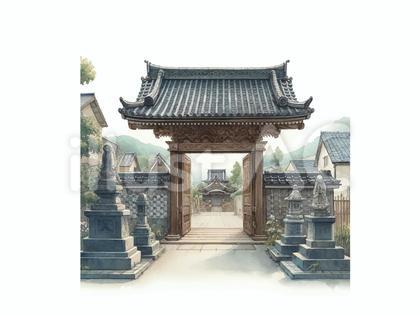 お寺入口 お墓イラスト 水彩画風