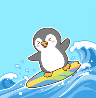 サーフィンを楽しむペンギン サーフィン,夏,海,波,プール,海水浴,楽しい,笑顔,サーフボード,ペンギンのイラスト素材