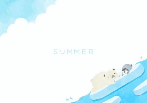 かわいいシロクマとペンギンと海の背景 夏,背景,動物,風景,海,シロクマ,ペンギン,かわいい,氷,デフォルメのイラスト素材