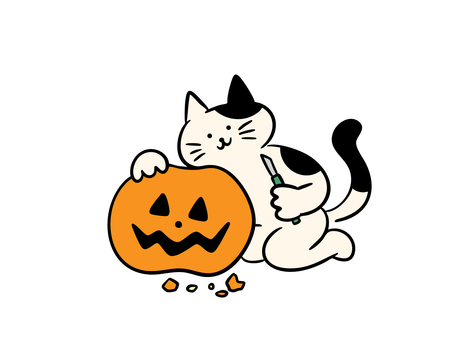かぼちゃを彫る猫（カラー） 猫,かぼちゃ,ジャックオーランタン,ハロウィン,飾り,飾り付け,デコレーション,装飾,彫刻,パンプキンのイラスト素材