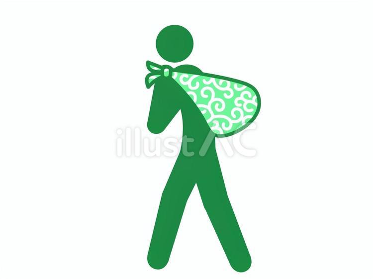 唐草模様の風呂敷を背負って歩く人（緑） 人,人物,ピクトグラムのイラスト素材