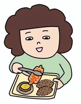 パンをトレイに乗せる女性 女性,かわいい,ゆるい,手描き,パン,惣菜パン,パン屋さん,トレー,トング,コーンパンのイラスト素材