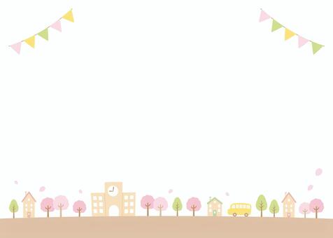 桜と学校と春の街並みの入学祝いカード04 入学,春,桜,学校,小学校,入学式,中学校,高校,新生活,街並みのイラスト素材