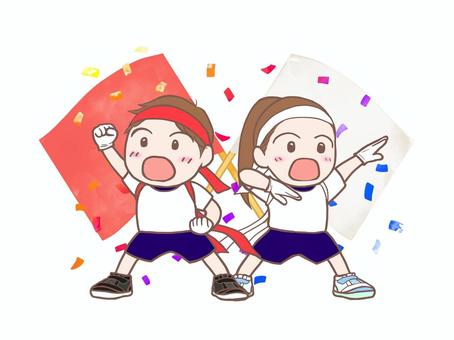 運動会　応援合戦 運動会,応援合戦,小学生,子ども,体操服,応援団,紅白,旗,団旗,ハチマキのイラスト素材