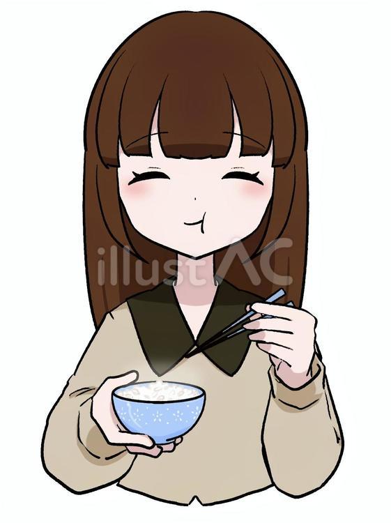 おいしそうに白米を食べる女の子 ごはん,お米,美味しいのイラスト素材