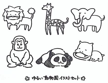 ゆるい動物園イラストセット(線画) ゆるい動物園イラストセット(線画) 動物園,動物,ライオン,キリン,ゾウ,ゴリラ,パンダ,カバ,ゆるかわ,ゆるキャラのイラスト素材