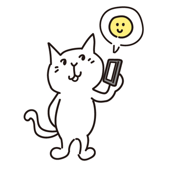 スマホを持って通話している猫 スマホ,スマートフォン,猫,ケータイ電話,白背景,キャラクター,ネコ,ワンポイント,電話,連絡のイラスト素材