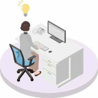 アイソメトリック_働く人⑥-9 アイソメトリック,オフィス,会社員,女性,閃き,アイデア,オフィスワーク,働く,仕事,アイソメのイラスト素材