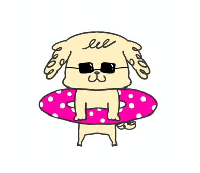 泳ぎに来た犬 犬,サングラス,浮き輪,ドット柄,ピンク色,動物,ゆるキャラ,可愛い,イラスト,手書きのイラスト素材