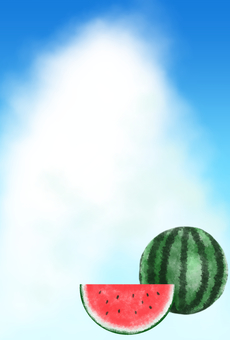 すいかで暑中見舞い すいか,夏,積乱雲,青空,暑中見舞い,はがき,食べ物,果物,青果,手描きのイラスト素材
