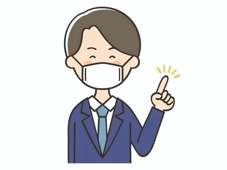 指差しするマスクのスーツの男性 男性,スーツ,お父さん,教師,先生,講師,マスク,ポイント,指差し,説明のイラスト素材