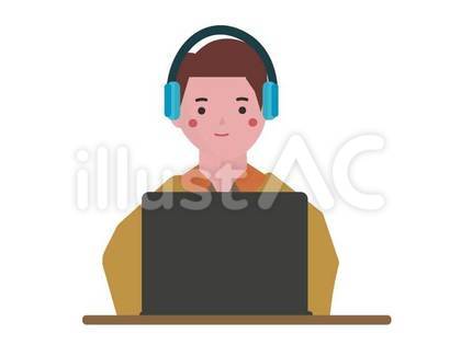 ヘッドフォンを付けてパソコンをする男性