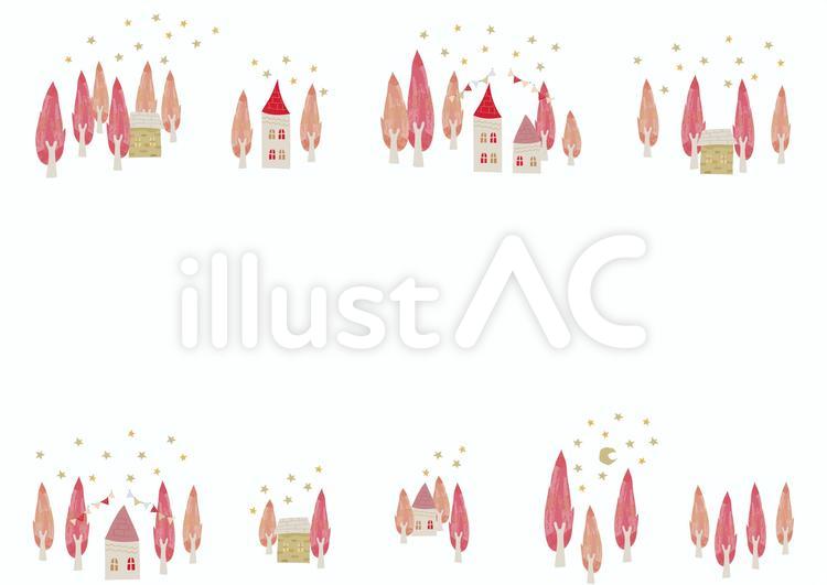 春の森の町 春,桜,フレームのイラスト素材