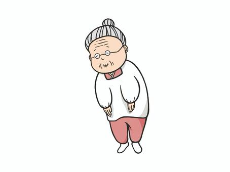 丁寧にあいさつをするお婆ちゃん(高齢者) お辞儀,挨拶,頭を下げる,感謝,お礼,ポーズ,老人,祖母,手描き,高齢者のイラスト素材