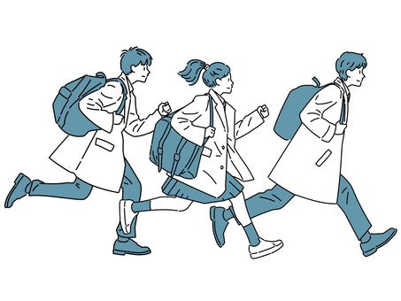 走るコートを着た生徒たち 走るコートを着た生徒たち 男性,女性,複数人,全身,走る,コート,学生,制服,生徒,学生服のイラスト素材