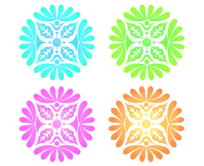 丸い文様　花と葉４色 模様,花,葉,パターン,水色,黄緑,ピンク,オレンジ,植物,文様のイラスト素材
