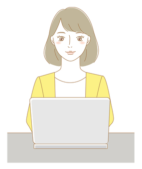 パソコンする女性（正面） 女性,人物,パソコン,デスクワーク,在宅ワーク,仕事,カーディガン,大人,主婦,お母さんのイラスト素材