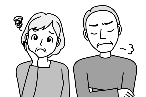 人物イラスト215 人物,男女,男性,女性,夫婦,60代,70代,シニア,悩む,困るのイラスト素材
