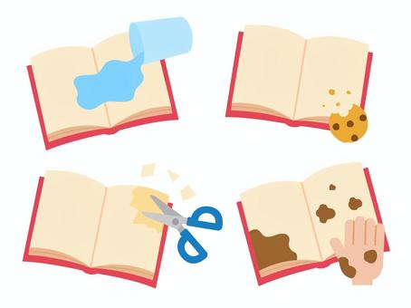 汚れた本セット（主線なし） 本,こぼす,水,はさみ,汚す,切る,図書,イラスト,主線なしのイラスト素材