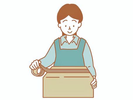 段ボールを閉じる女性 段ボール,荷物,閉じる,ガムテープ,作る,仕事,エプロン,シンプル,手描き,線画のイラスト素材