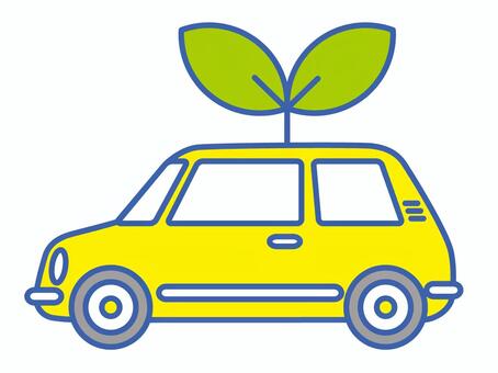 黄色い車と緑の双葉のシンプルなイラスト 黄色,車,自動車,車両,クルマ,カー,イエロー,双葉,新芽,葉のイラスト素材