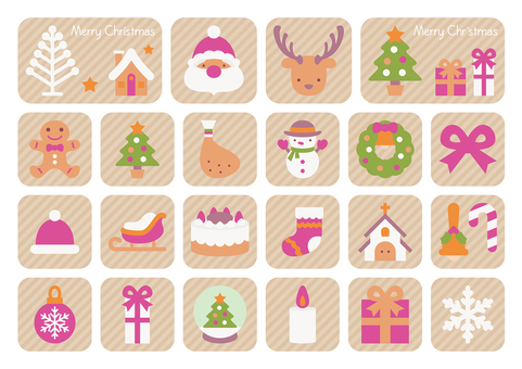 かわいいクリスマスアイコン-モダン 冬,クリスマス,イベント,サンタ,トナカイ,ツリー,家,クリスマスツリー,プレゼント,リボンのイラスト素材