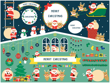 2025たくさんた クリスマス,サンタクロース,トナカイ,窓,雪,屋根,家,煙突,雪だるま,梯子のイラスト素材