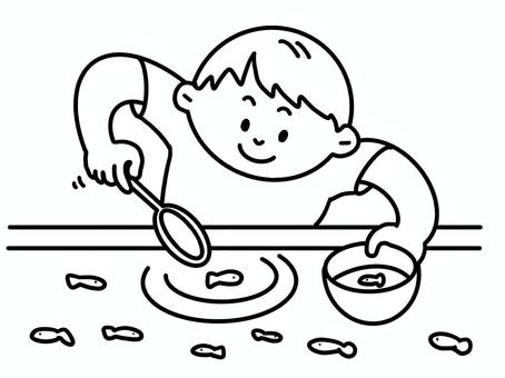 金魚すくいをする子ども 夏,夏祭り,金魚,金魚すくい,子ども,かわいい,やさしい,シンプル,モノクロのイラスト素材