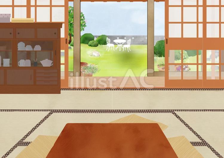 和室のイラスト初夏の庭が見えるお茶の間 和室,お茶の間,和風のイラスト素材