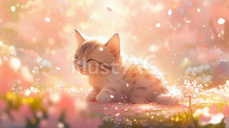 ピンクの花とネコ3 動物,ネコ,植物のイラスト素材