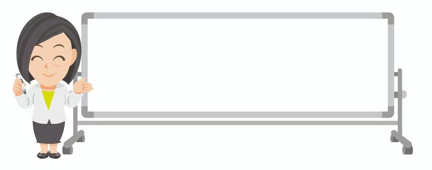 白板傍でペンと手で促す年配ビジネス女性① 先生,教師,教員,指導員,スーツ,仕事着,ビジネス,会社,社会人,促すのイラスト素材
