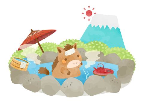 温泉にはいるかわいいお馬さんのイラスト 温泉にはいるかわいいお馬さんのイラスト 馬,動物,温泉,干支,元旦,元日,かわいい,お正月,年賀状素材,手描き風のイラスト素材