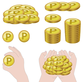 コイン・イメージ（ポイント） コイン,ポイント,ゴールド,金,手,稼ぐ,持つ,ゲット,山積み,山のイラスト素材