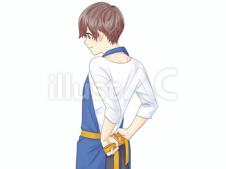 青いエプロンをつける茶髪の男性 青,エプロン,つけるのイラスト素材