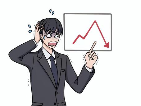 急降下グラフに驚いて震えるスーツ男性 グラフ,矢印,急降下,急上昇,驚く,焦る,震える,スーツ,男性,汗のイラスト素材