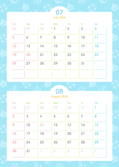 2026年カレンダー 7月と8月 2ヶ月 カレンダー,2026年,2026年カレンダー,2026,7月,8月,夏,7月カレンダー,8月カレンダー,2ヶ月カレンダーのイラスト素材