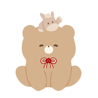 座って挨拶するくまさん頭の上にお馬さん くま,動物,かわいい,リボン,馬,午年,ワンポイント,座る,挨拶,午のイラスト素材