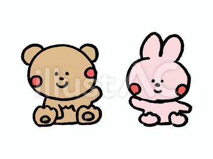 おすわりするクマとウサギ