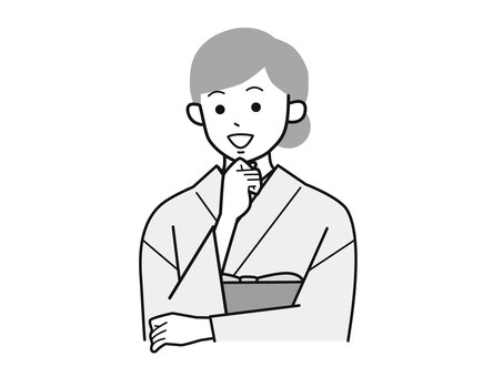 顎に手を当て笑顔の着物女性A左向／白黒 顎,手,笑顔,女性,お母さん,着物,講師,20代,30代,40代のイラスト素材