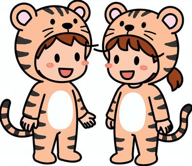 ベージュの虎コスの子供たちです。 虎,コスプレ,シンプル,着ぐるみ,コスチューム,イベント,パーティー,耳,しっぽ,動物のイラスト素材